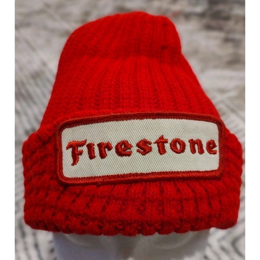 Firestone Tires Vintage Red Chunky Knit Stocking Cap Hat Emblem Patch Unisex